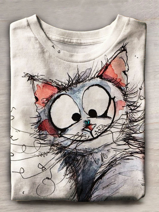 Funny Cat Print Crew Neck T-shirt