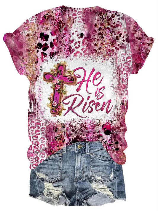 He Is Risen Christian LeopardCross V-Neck T-Shirt