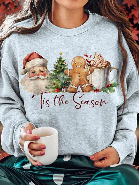 Women's Watercolor Christmas Tis The Season Crew Neck Casual Sweatshirt