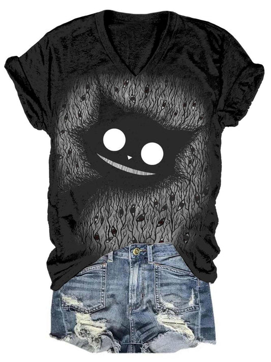 Creepy Black Cat V-Neck T-Shirt