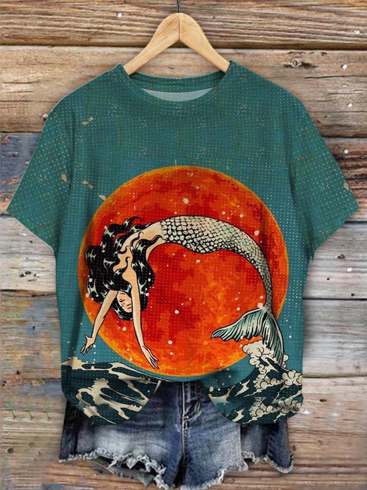 Vintage Mermaid Print Short Sleeve Top