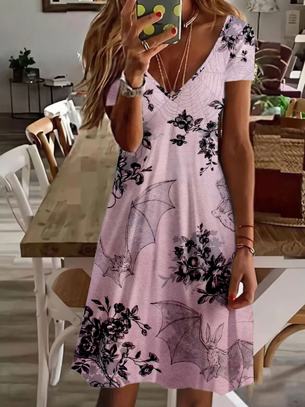 Bat Floral Print V Neck Short Sleeve Dress