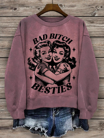 Bad Bitch Besties Girls Vintage Print Casual Long Sleeve Top