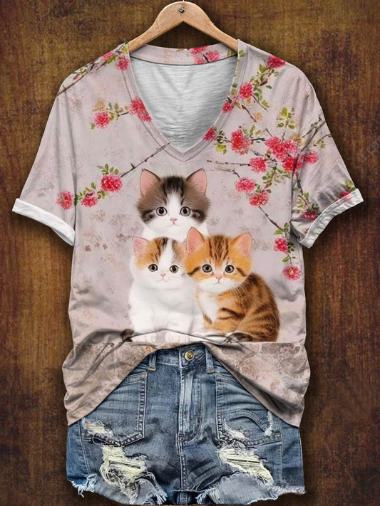 Cat Emoji Floral Spring Illustration Vintage Print Casual T-shirt