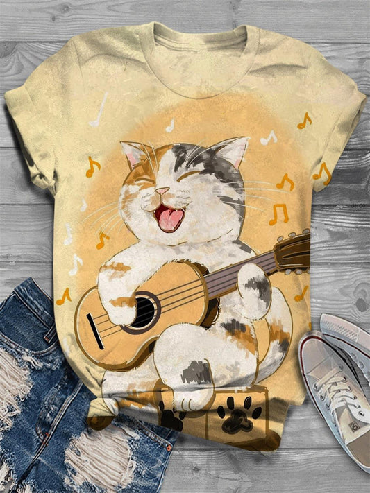 Cute Music Cat Print Round Neck T-Shirt