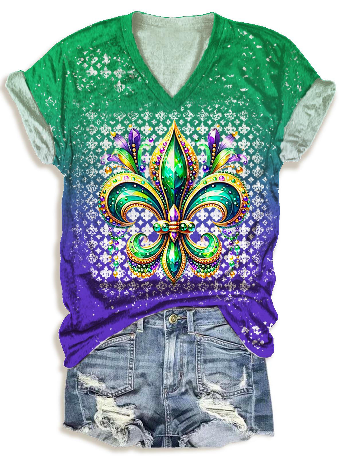 Women's Mardi Gras Iris Print V-Neck T-Shirt