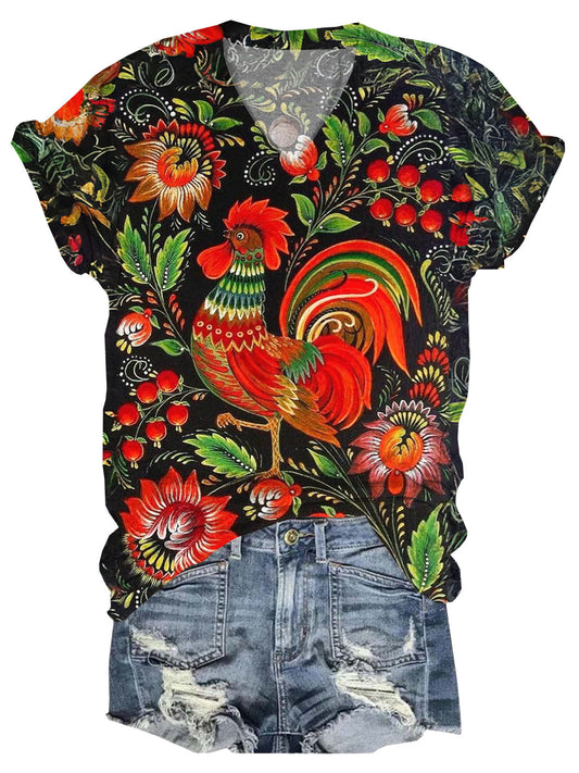 Vintage Flowers Chicken V-Neck Short Sleeve T-Shirt