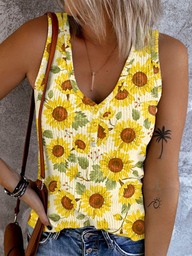 Sunflower Floral V Neck Tank Top
