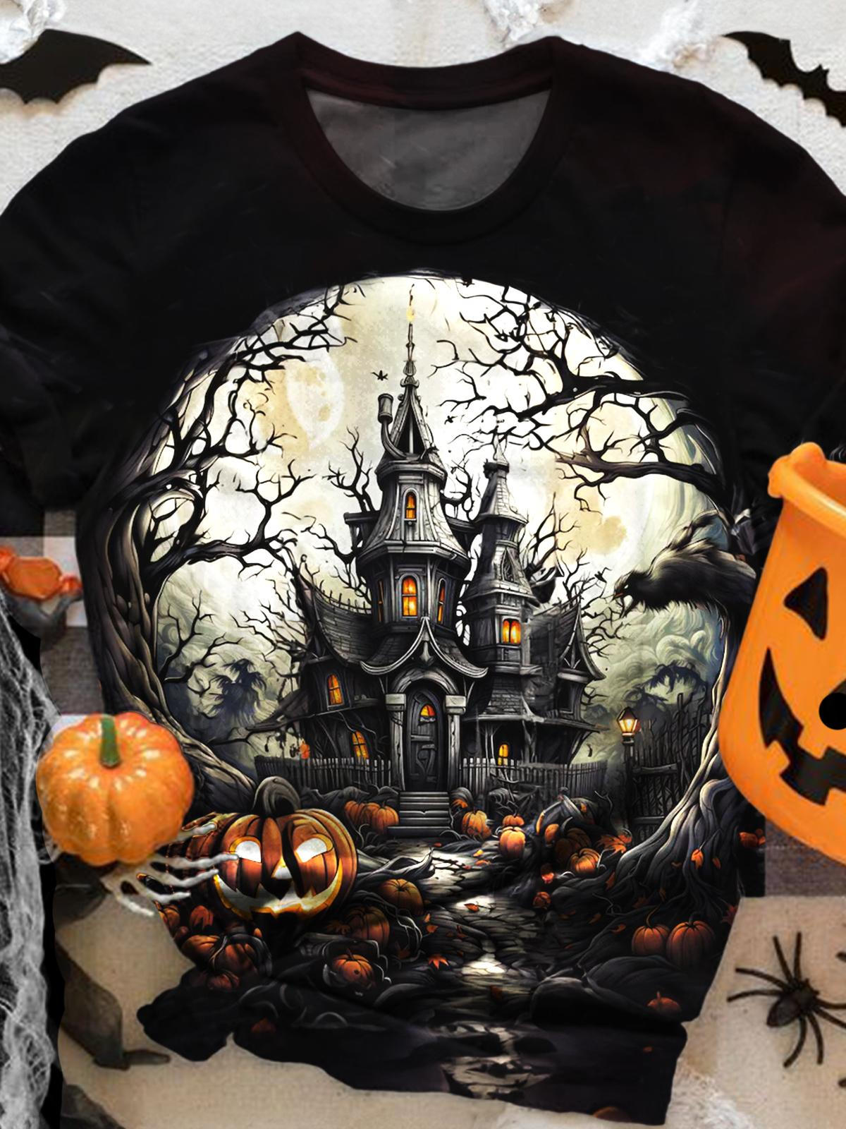 Haunted House Print Casual Short Sleeve Top