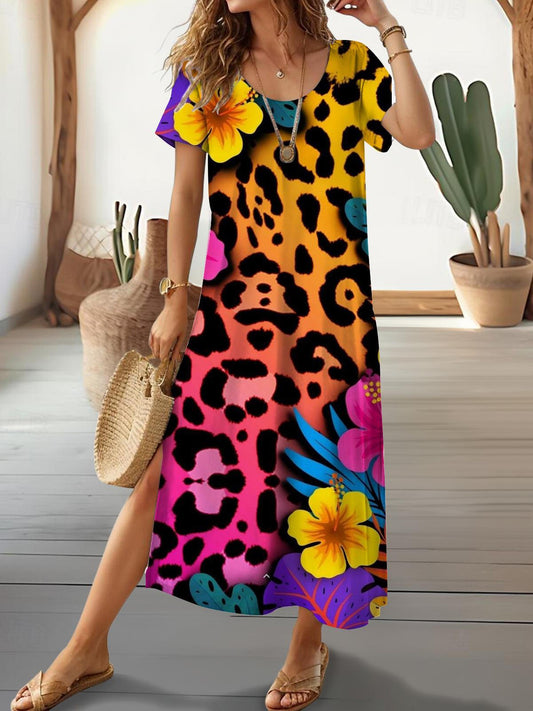 Colorful Floral Leopard Print Short Sleeve Crew Neck Dress