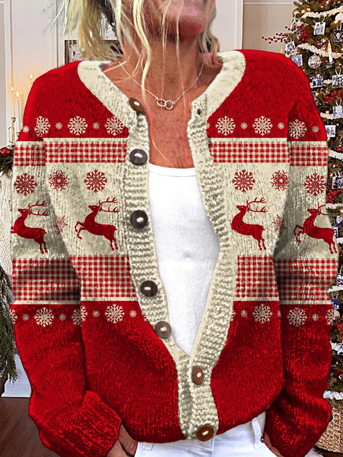 Women's Christmas Reindeer Round Neck Long Sleeve Cardigan