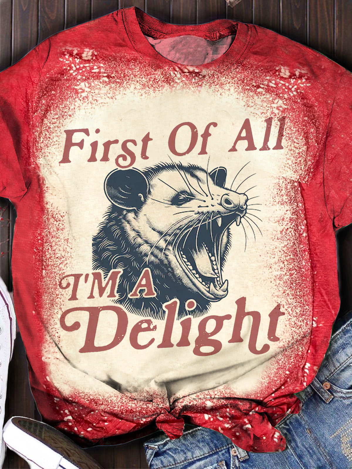 First Of All I'm A Delight Funny Possum Print Crew Neck T-shirt