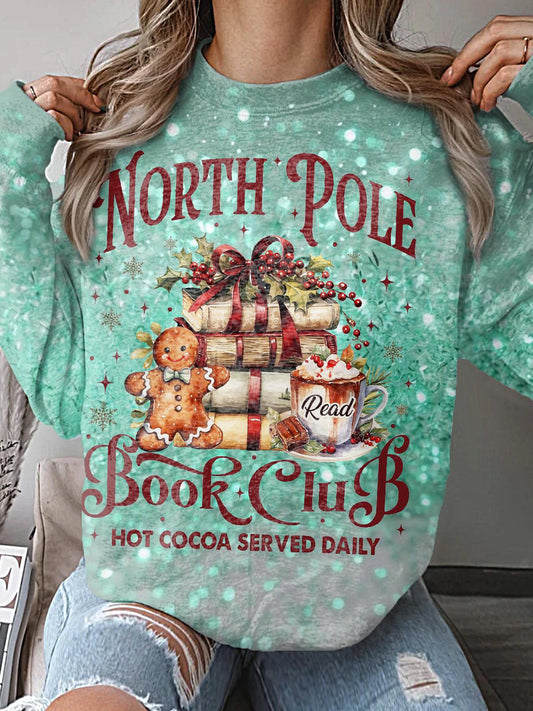 North Pole Book Club Hot Cocoa Served Daily Print Long Sleeve Top