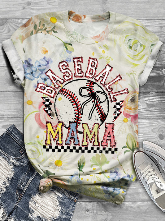 Baseball Mama Fans Mother's Day Floral Holiday Print T-Shirt