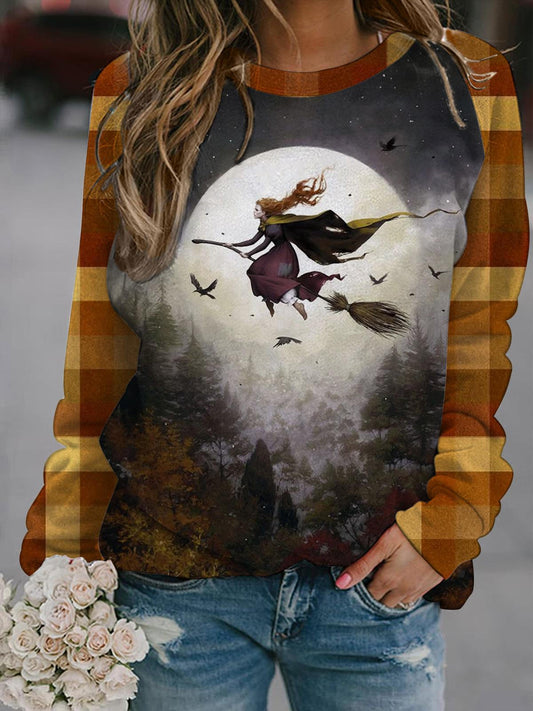 Night Flying Witch Round Neck Long Sleeve Top