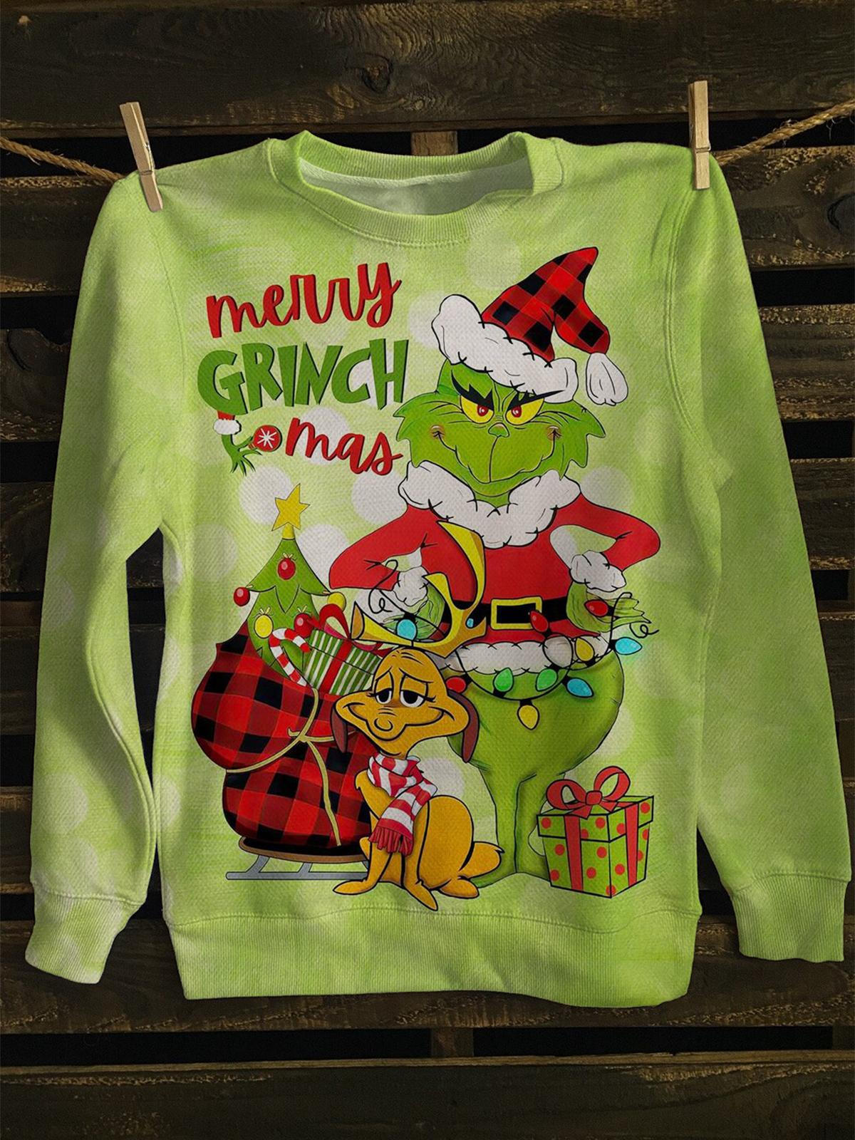 Merry Christmas Green Monster Long Sleeve Casual Top