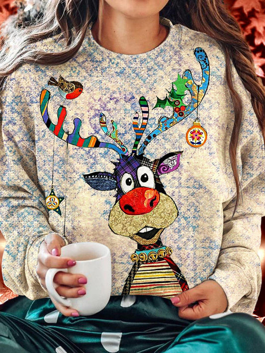 Women's Christmas Vintage Reindeer Printed Long Sleeve Casual Top