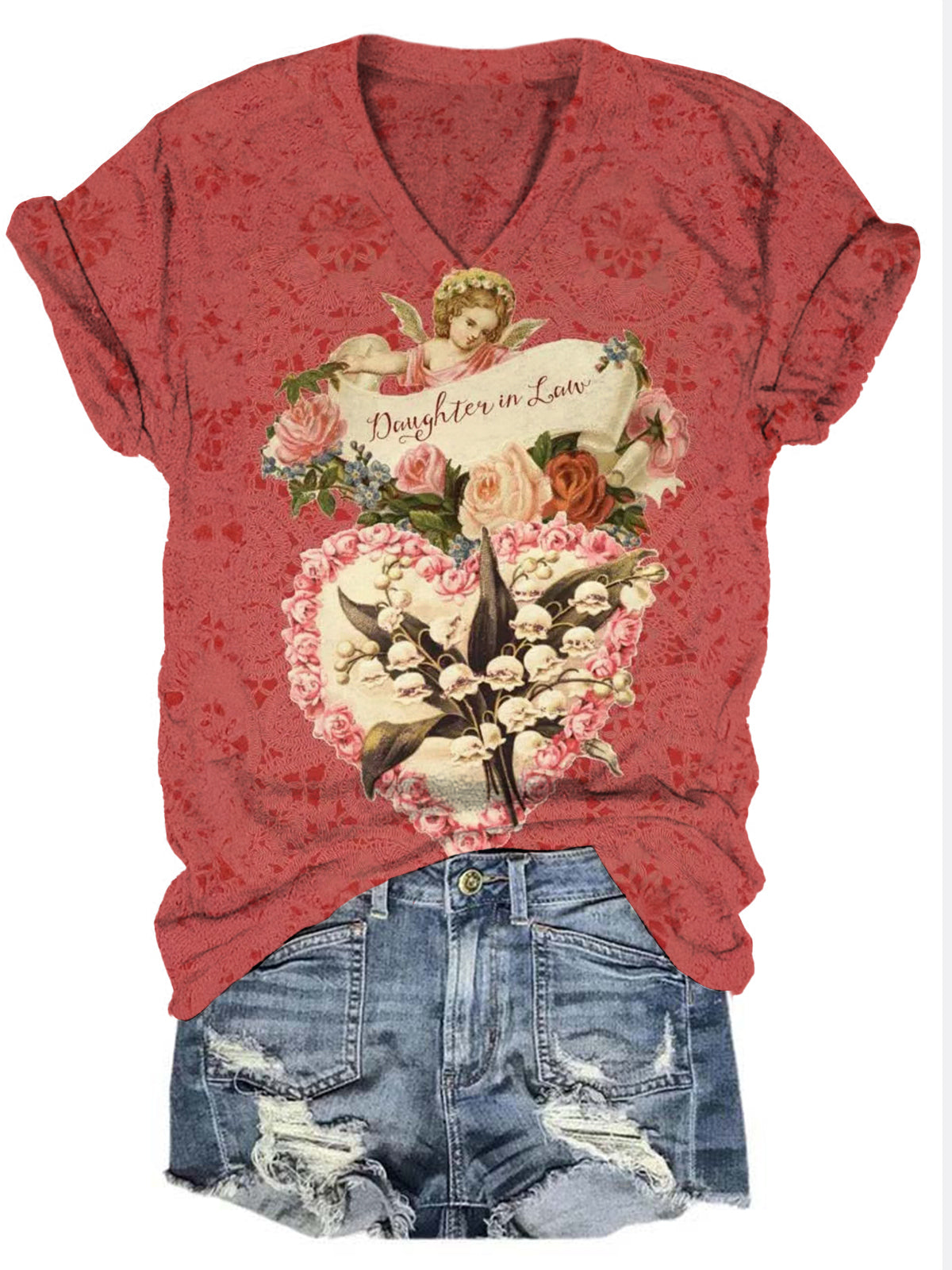 Women's Vintage Floral Happy Valentine's Day Print Casual T-Shirt