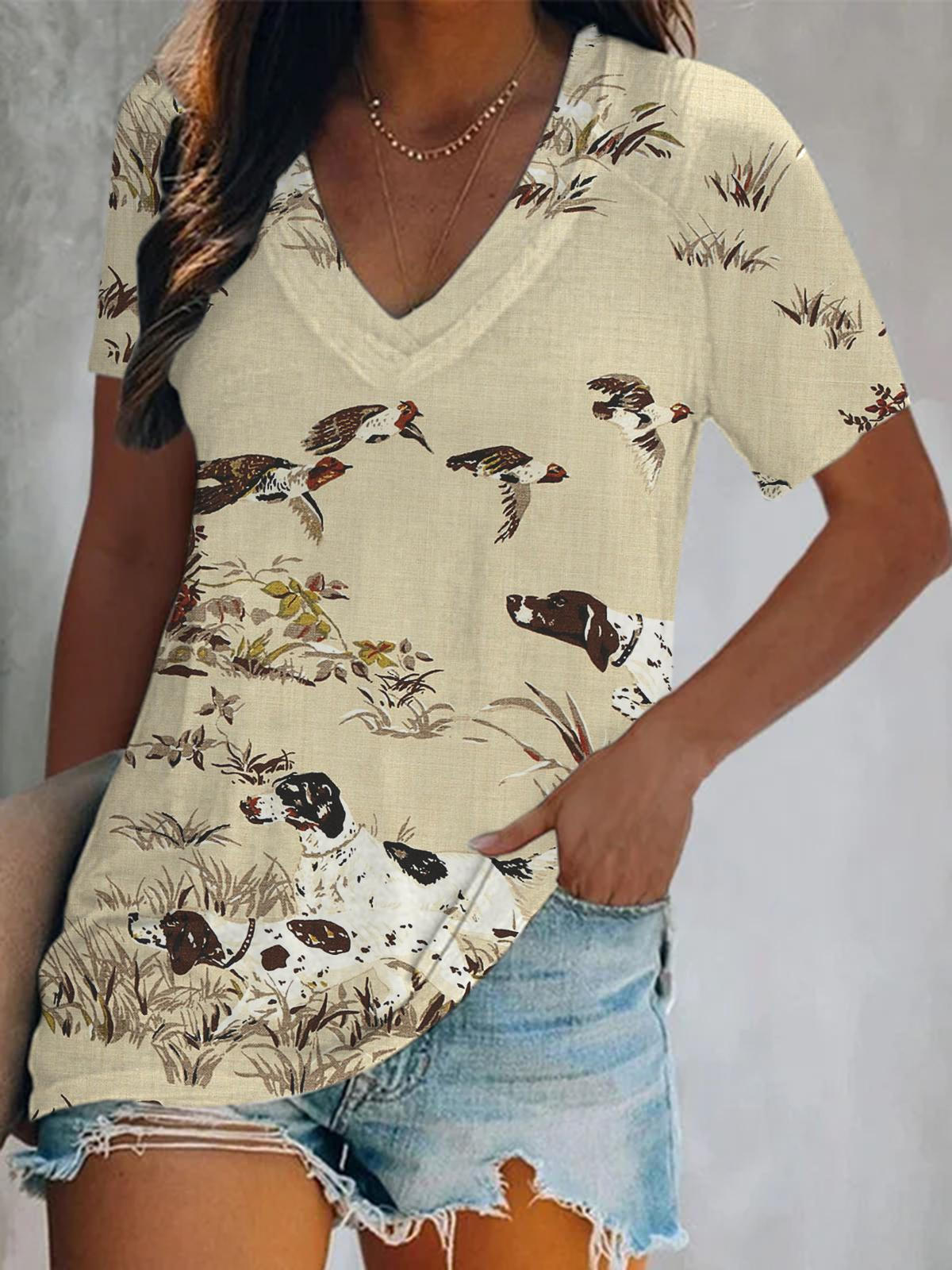 Dog On Grass Short Sleeve V Neck Print Top