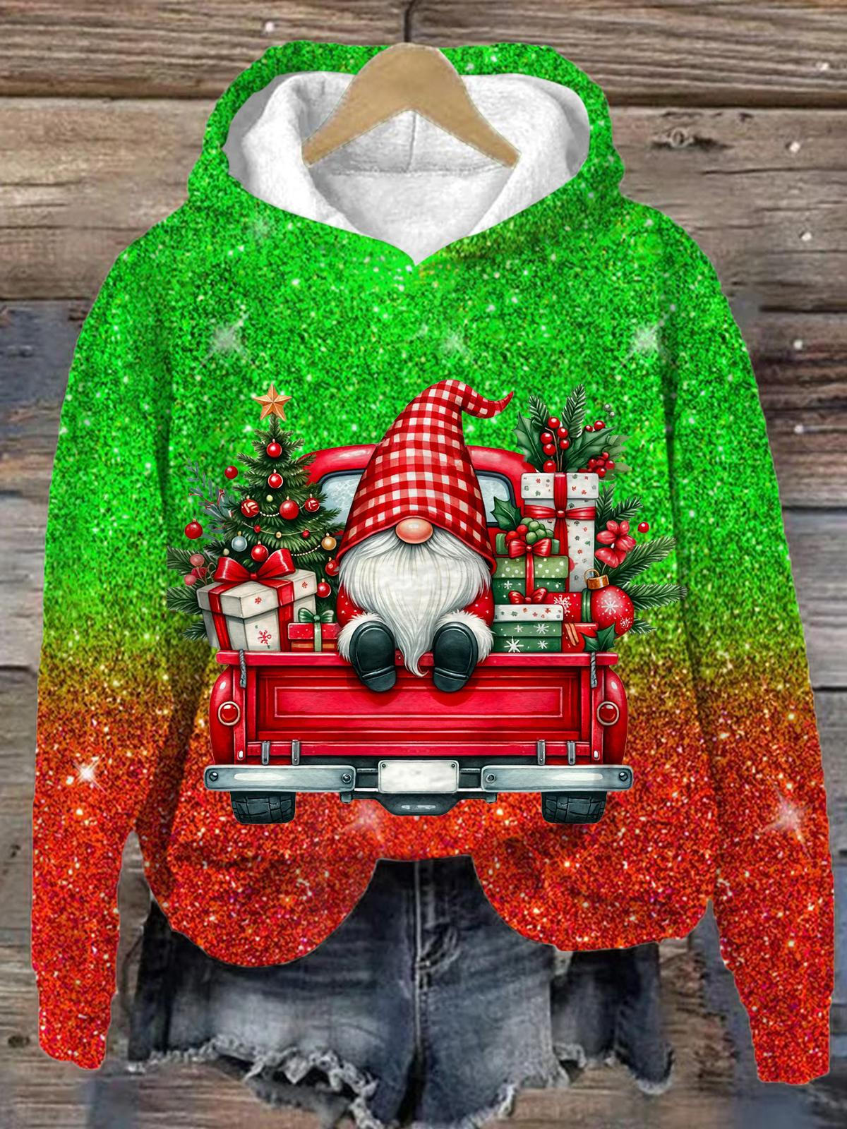 Christmas Gnome And Truck Long Sleeve Printed Hoodie