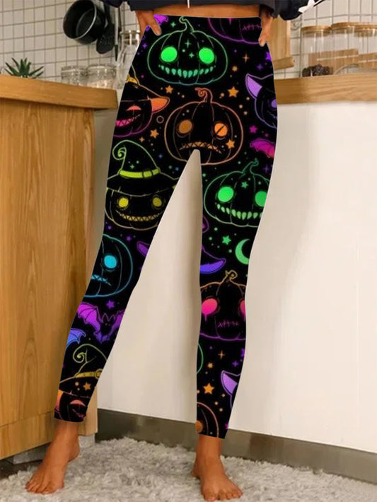 Pumpkin Halloween Fluorescent Print Fitness Tights Sports Stretch Pants