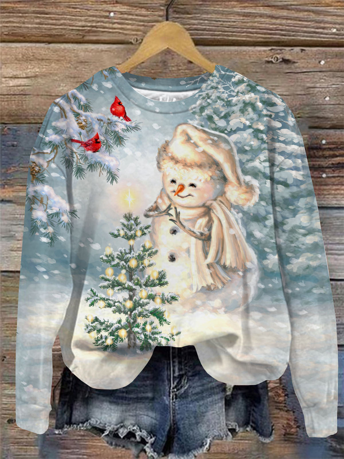 Women's Snowman Print Round Neck Long Sleeve Top