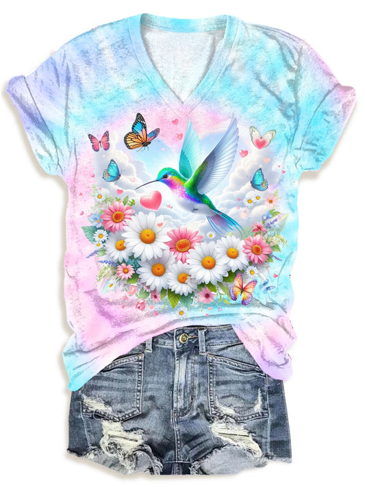 Daisy And Hummingbird Tie Dye Print V-neck T-Shirt