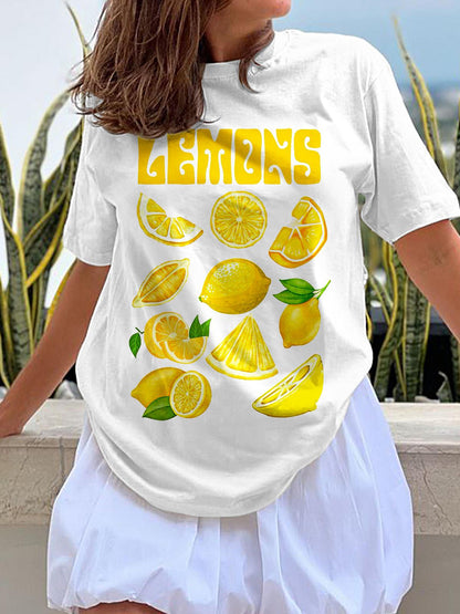 Refreshing Summer Lemon Print Crew Neck T-shirt