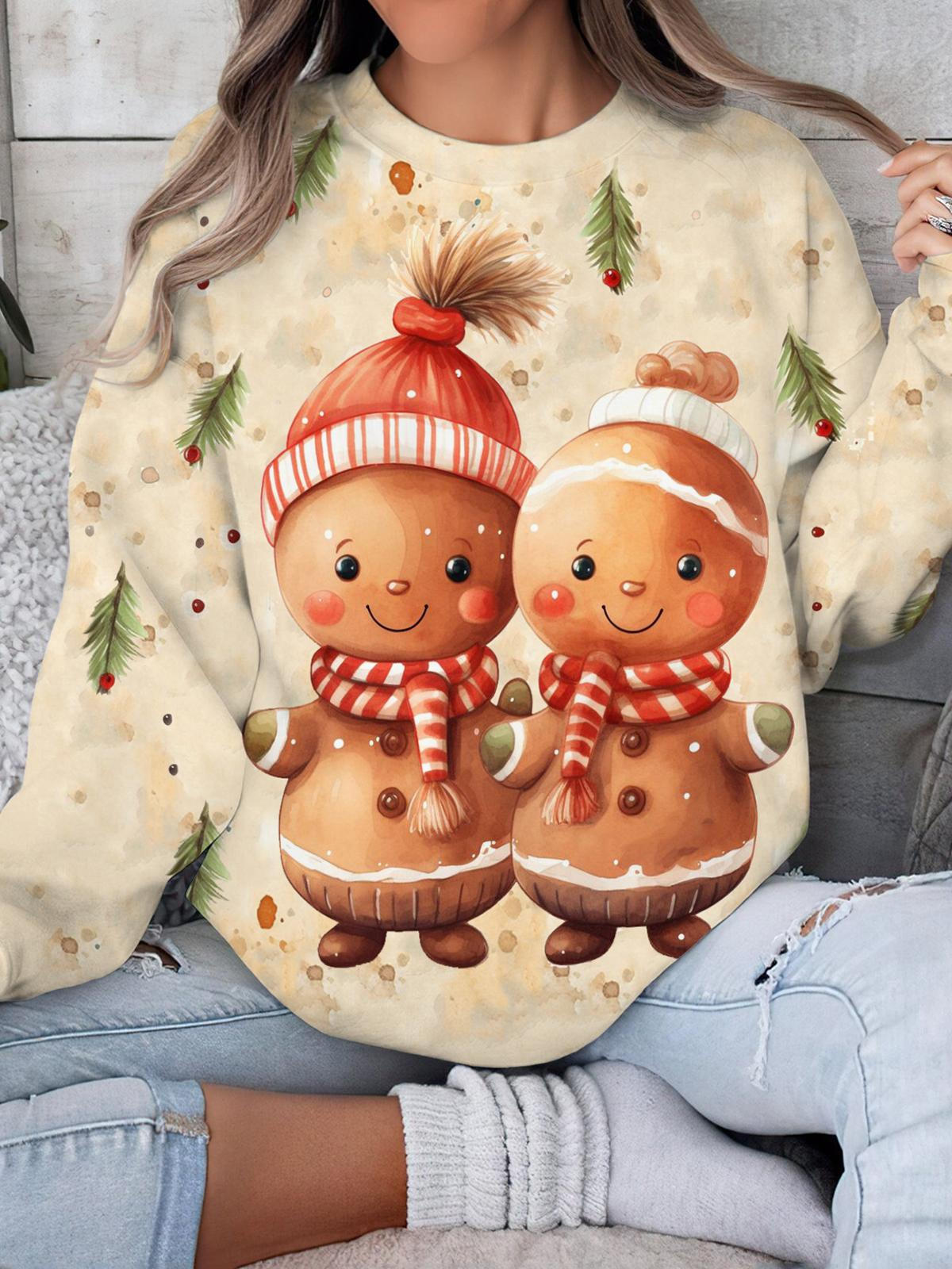 Women's Christmas Gingerbread Man Print Round Neck Long Sleeve Top