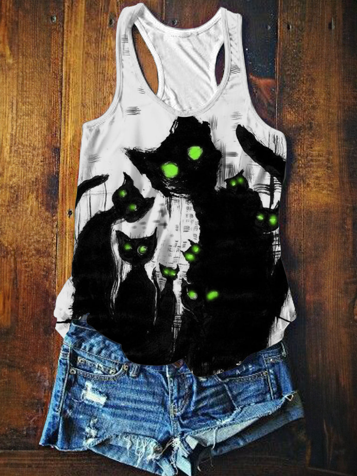 Cat Halloween Undead Print Sleeveless Tank Top