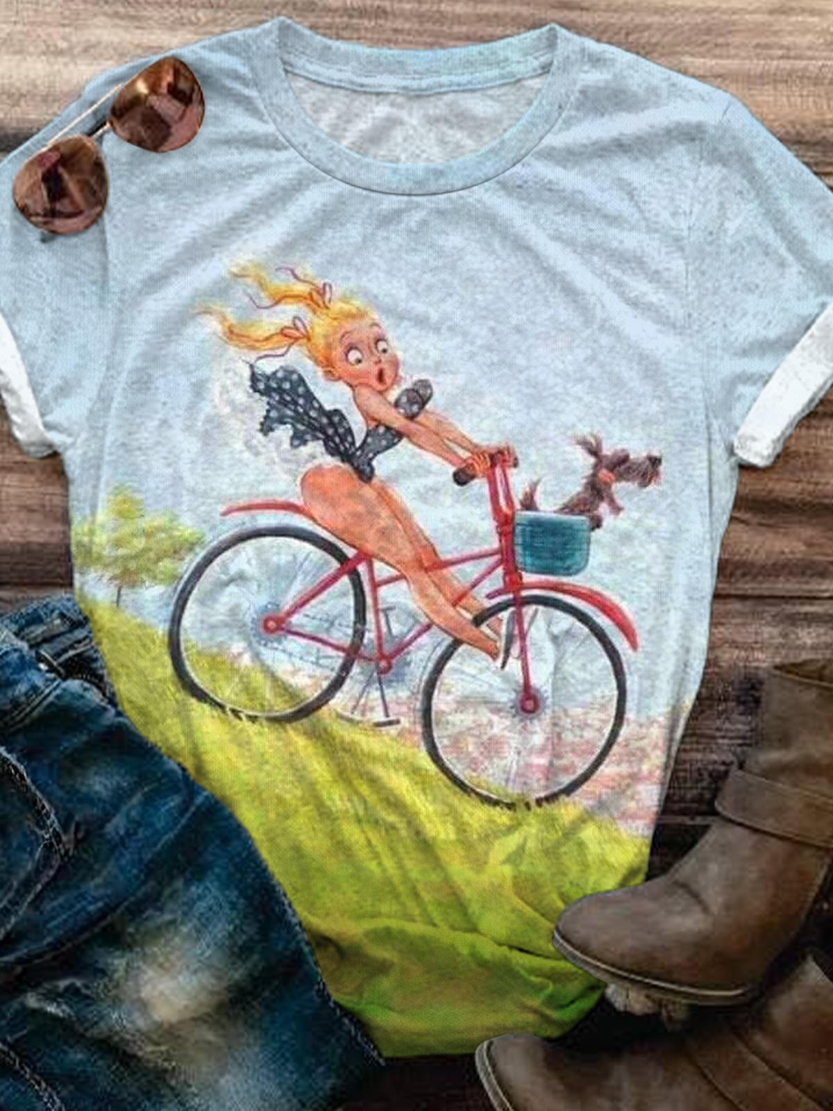 Vintage Riding Bicycle Lady Crew Neck T-shirt