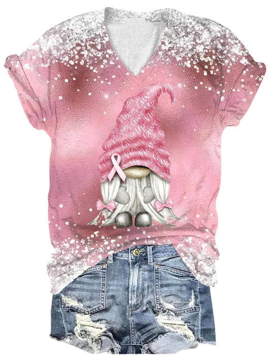 Breast Cancer Awareness Gnome Print V Neck T-shirt