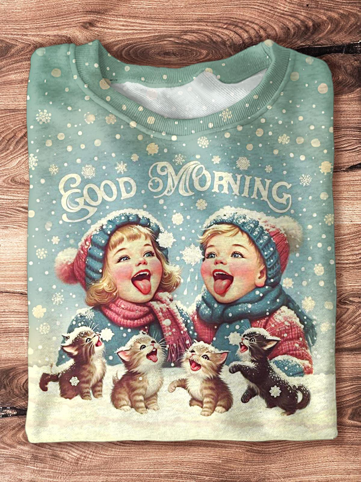 Women's Retro Christmas Cat Printed Long Sleeve Casual Top