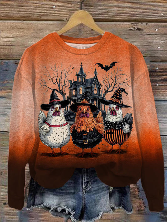 Spooky Chickens Printed Long Sleeve Casual Top