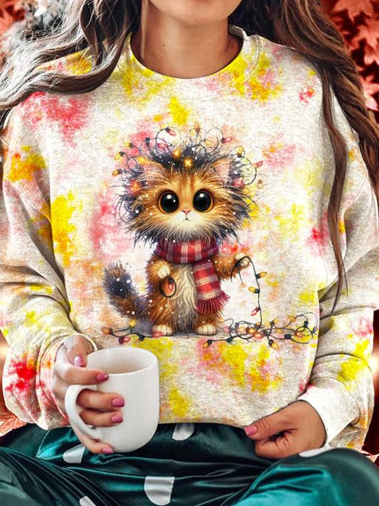 Women's Christmas Light Kitten Printed Long Sleeve Casual Top