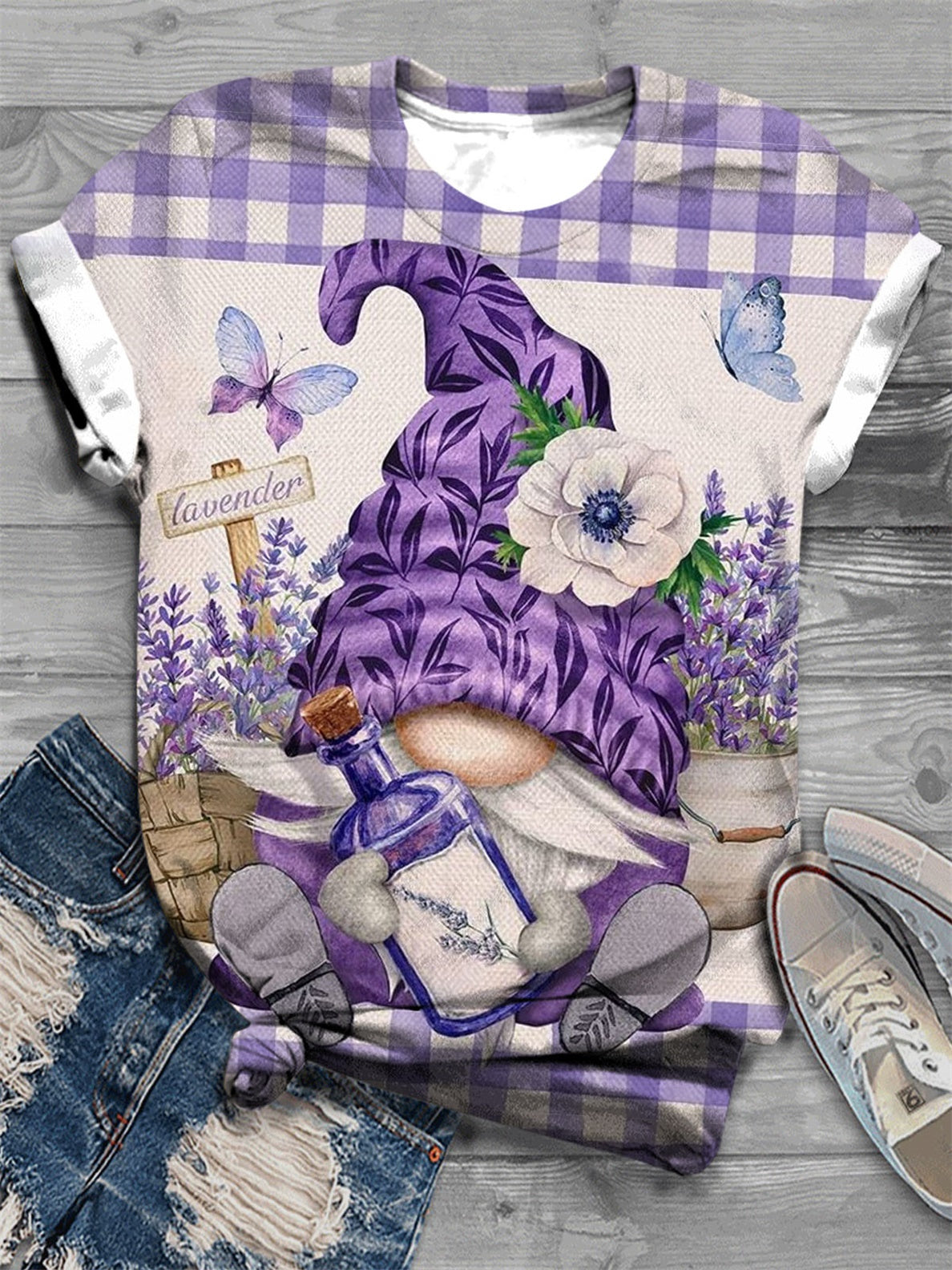 Lavender Gnome Print Crew Neck T-Shirt