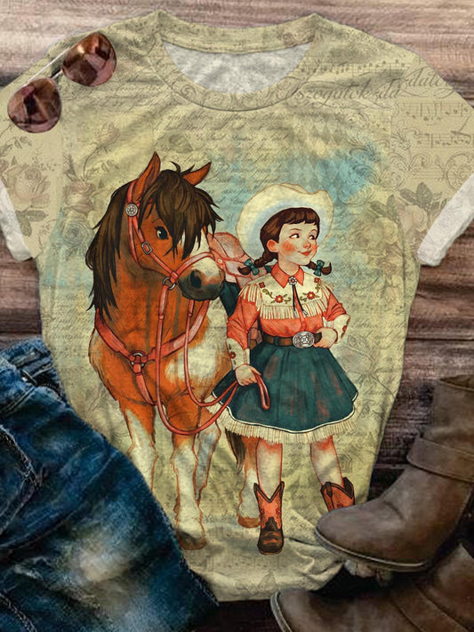 Girl And Her Horse Vintage Illustration Crew Neck T-shirt