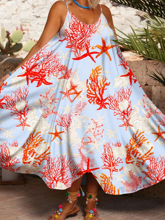 Women's Sea Life Coral Print Casual Spaghetti Strap Dress