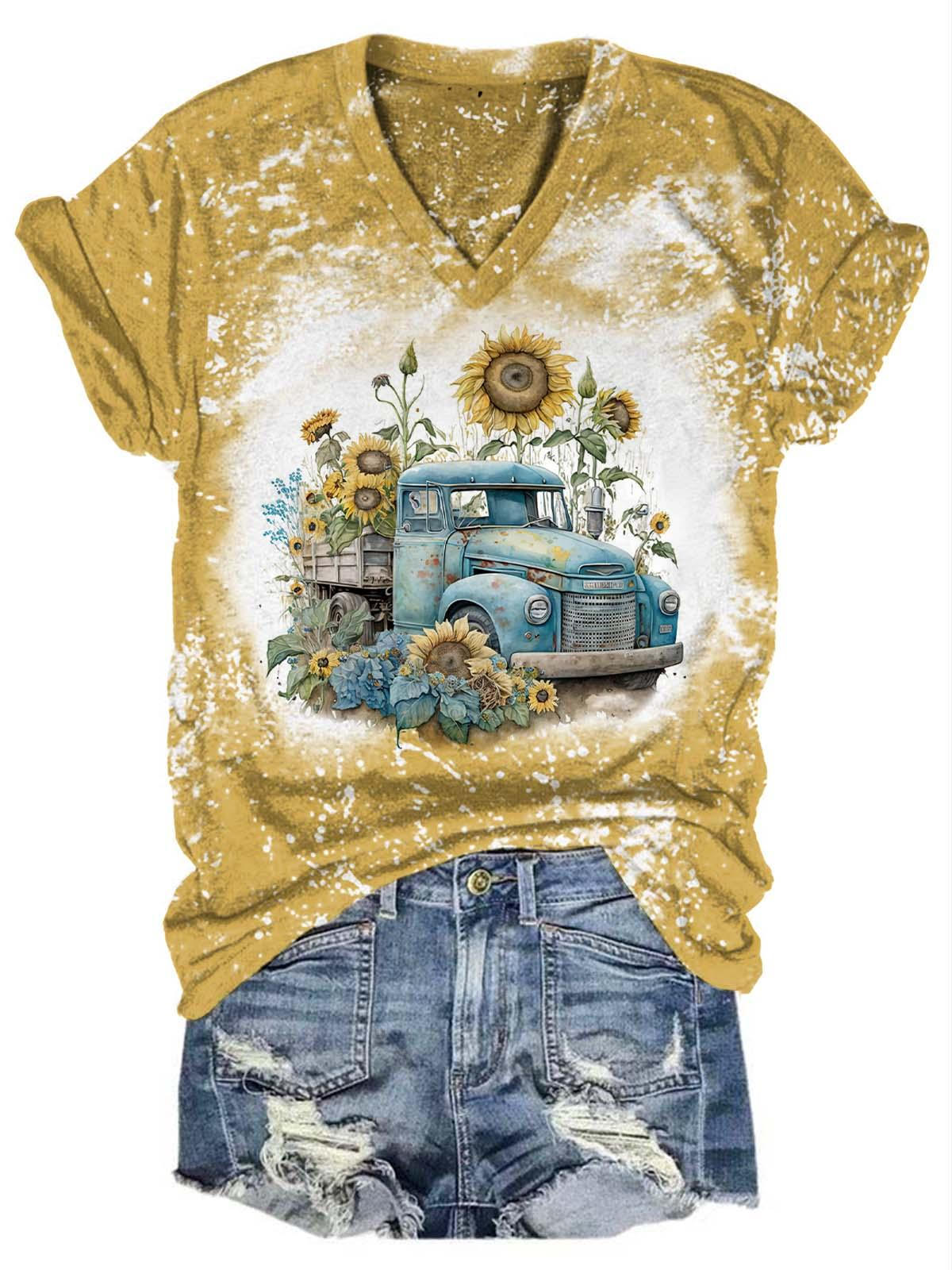 Vintage Truck Sunflower V-Neck T-Shirt