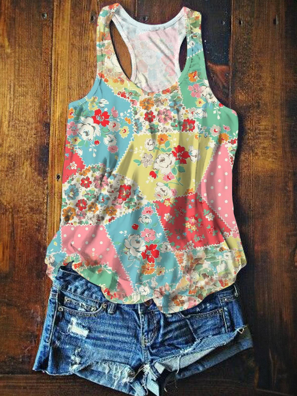 Pastoral Fabric Floral Imitation Patchwork Print Casual Vest