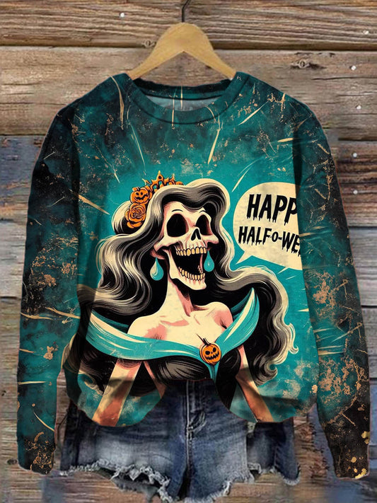 Women's Skull Princess Print Vintage Distressed Long Sleeve Top