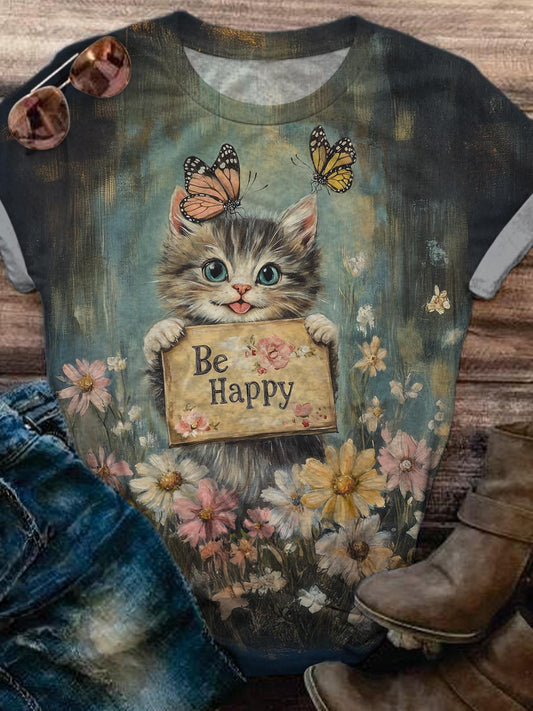 Cute Cat Retro Print Crew Neck T-shirt