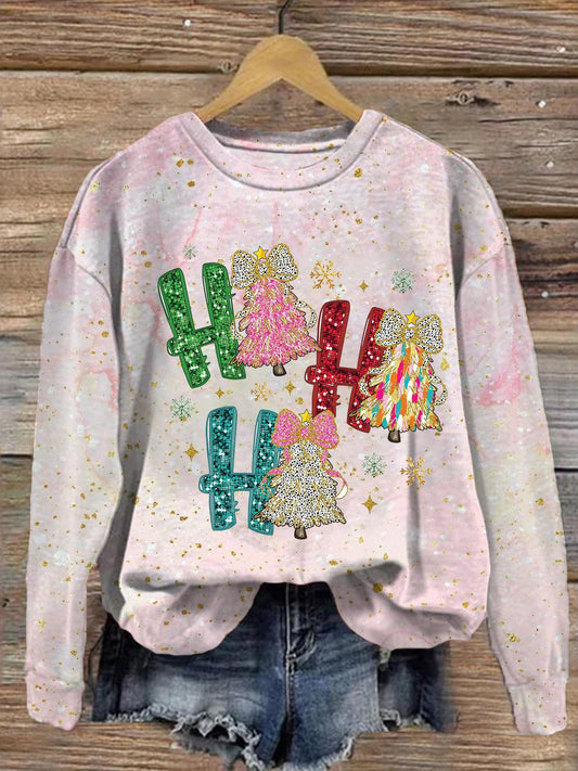 Ho Ho Ho Glitter Christmas Tree Printed Long Sleeve Casual Top