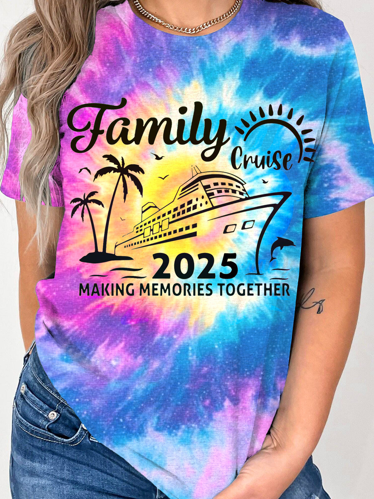 2025 Family Cruise Print Tie Dye Crew Neck T-shirt