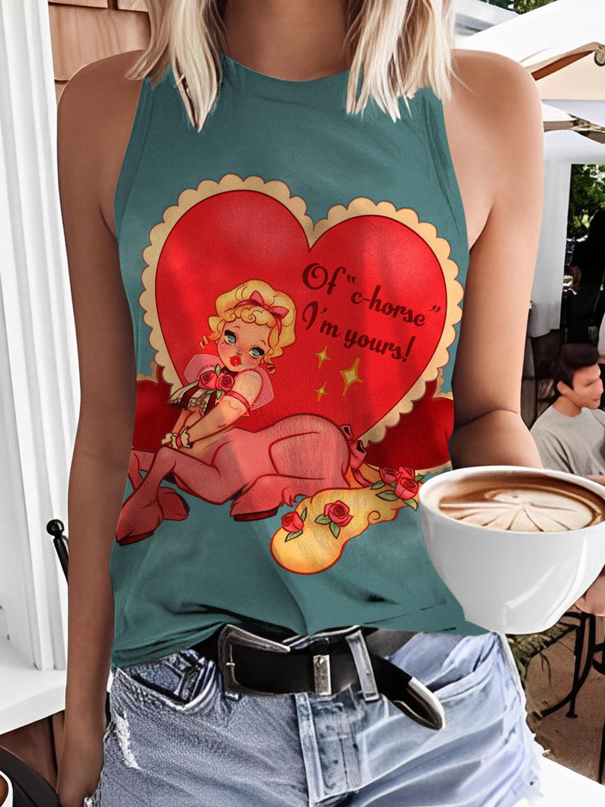 Women's Retro Valentine's Day Sexy Girls Love Heart Printed Casual T-shirt