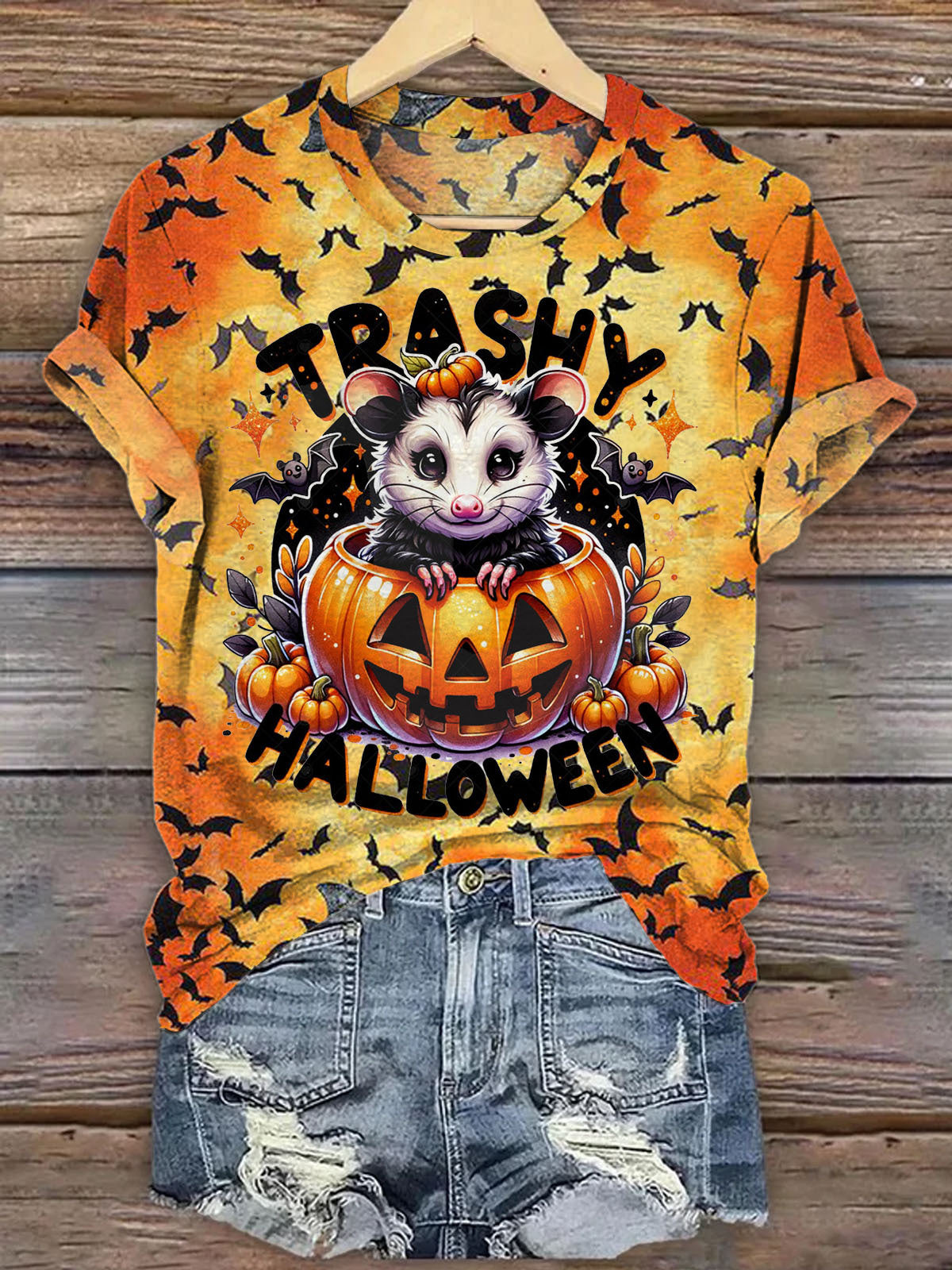 Trashy Halloween Mouse Pumpkin Print Short Sleeve T-Shirt