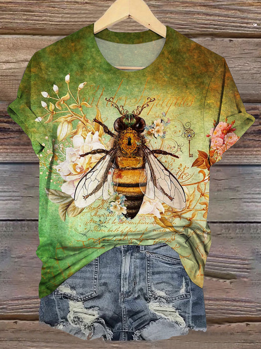 Floral Bee Print Casual Crew Top