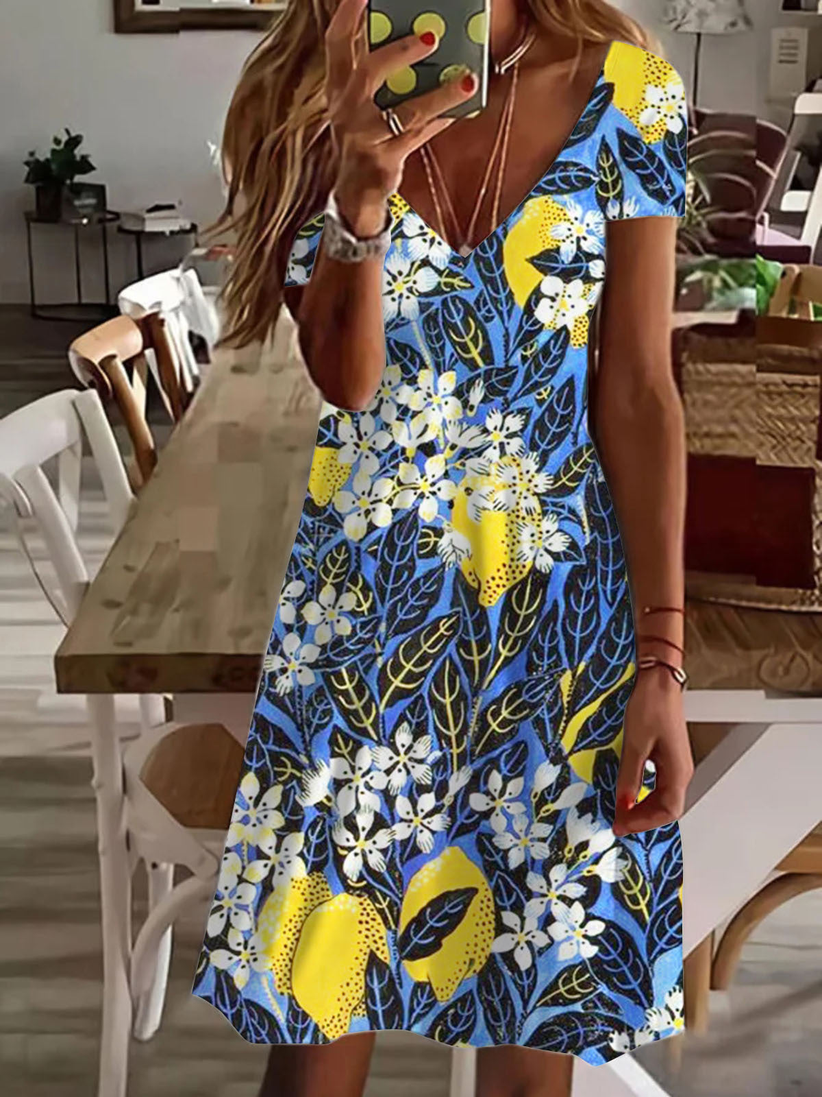 Lemon Flower V Neck Short Sleeve Dress