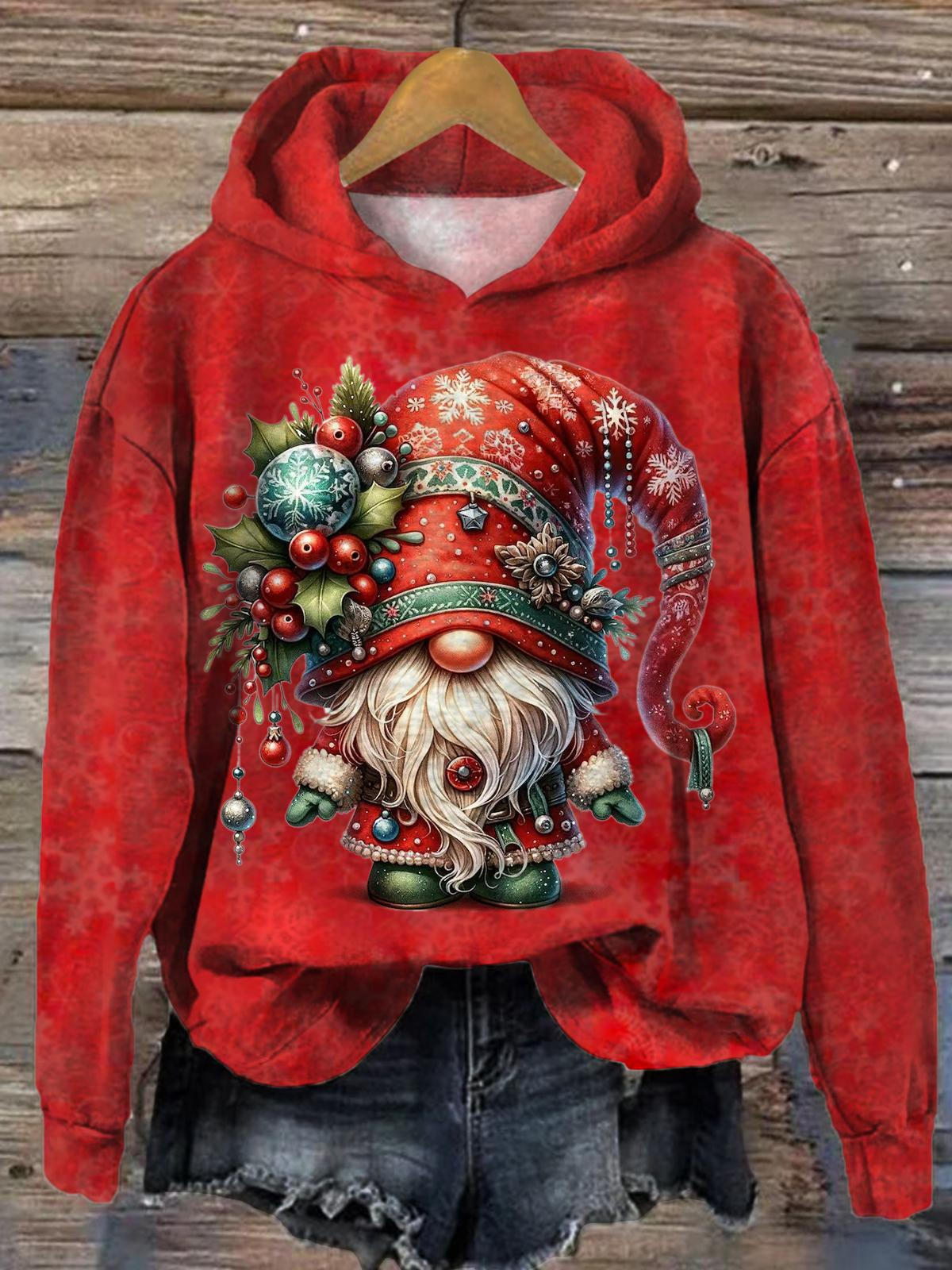 Women's Gnome Christmas Print Long Sleeve Hoodie