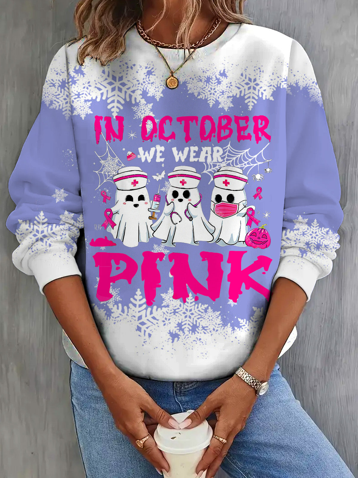 Women's In October We Wear Pink Printed Casual Long Sleeve Top